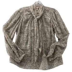 Rebecca Taylor Blouse Sz 8 Tie Neck Spotted  Black White Silk Blend Long Sleeves